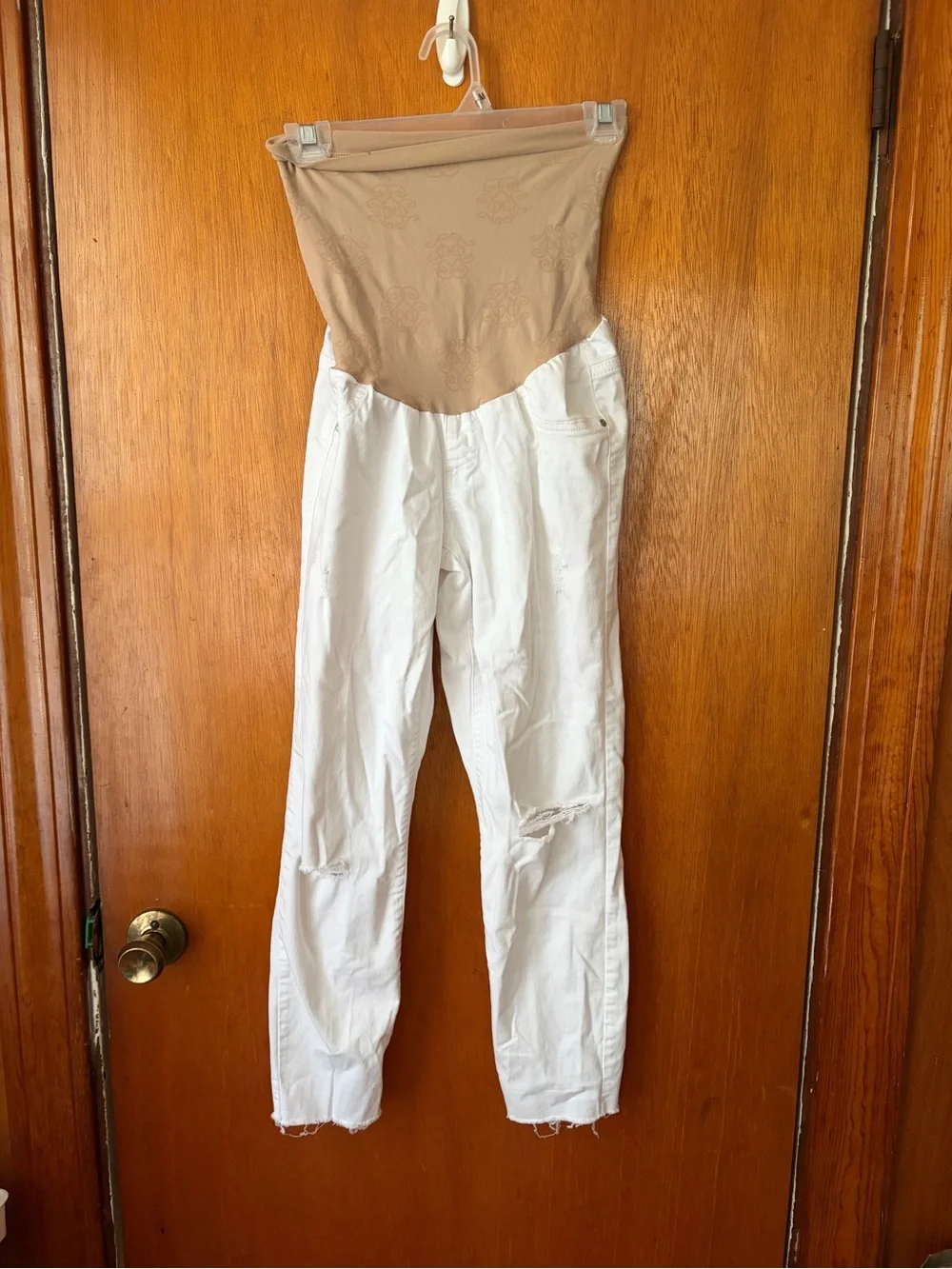 Jessica Simpson White Distressed Maternity Jeans with Nude Support Panel